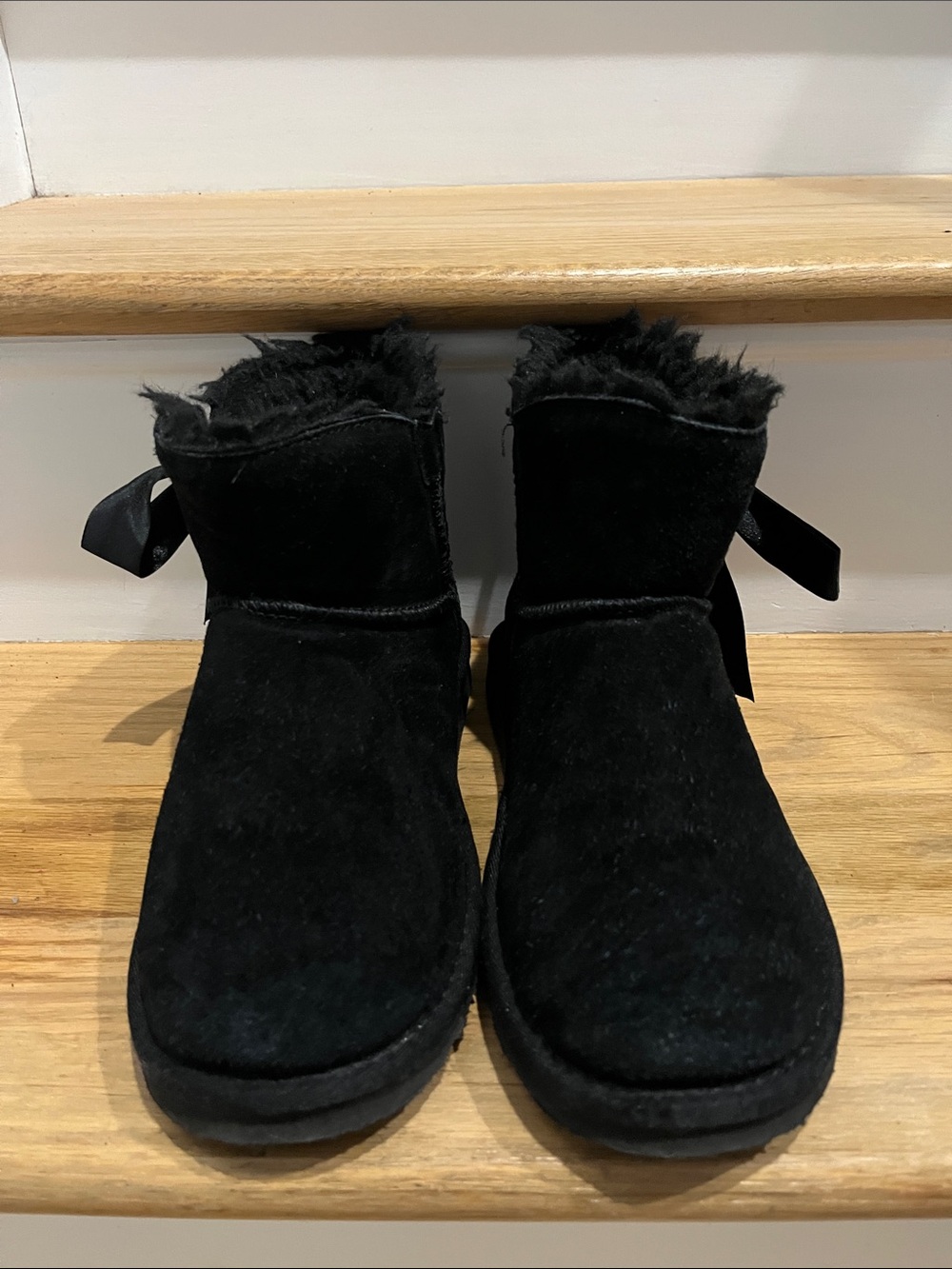 PAWZ Black Faux-Suede Fur-Lined Ankle Slippers with Back Bow